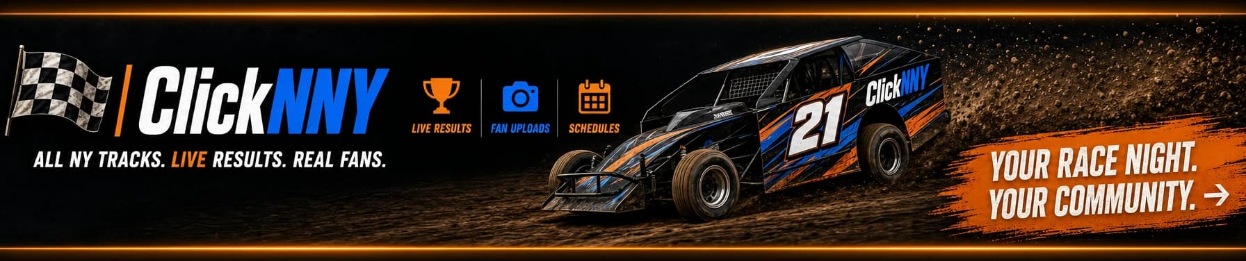 ClickNNY Racing. All NY tracks. Live results. Real fans. Your race night, your community.