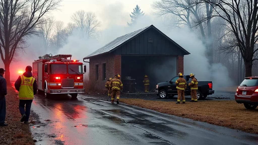 Editorial illustration for: Reported work light linked to Lowville garage fire