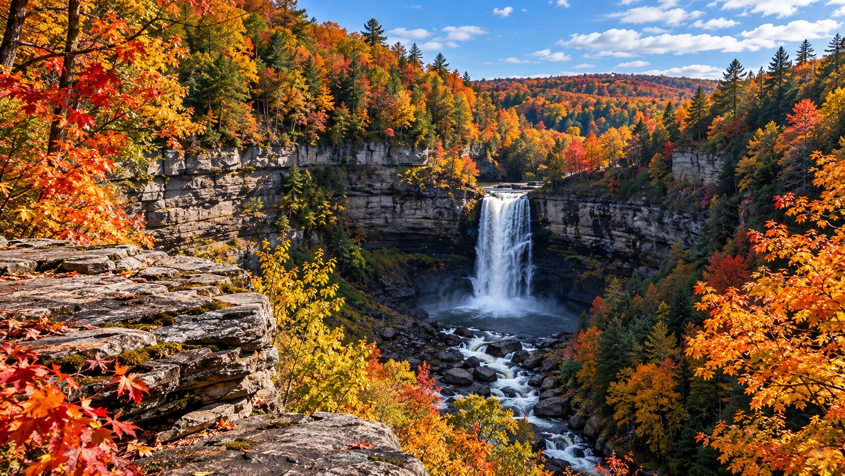 A North Country gorge waterfall framed by peak fall color.